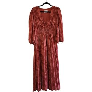 ASOS DESIGN Burnout Button Shirred Waist Pleated Midi Dress Rust Red Size 4